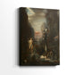 Side view of a canvas art print of a dramatic composition with a figure and beast in motion, showing gallery-wrapped depth.