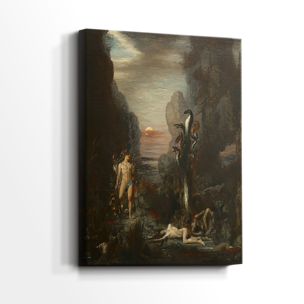 Side view of a canvas art print of a dramatic composition with a figure and beast in motion, showing gallery-wrapped depth.