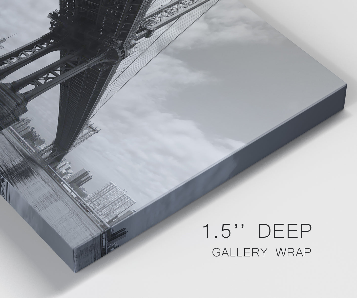 Close-up view of wrapped canvas corner featuring manhattan bridge industrial cityscape.