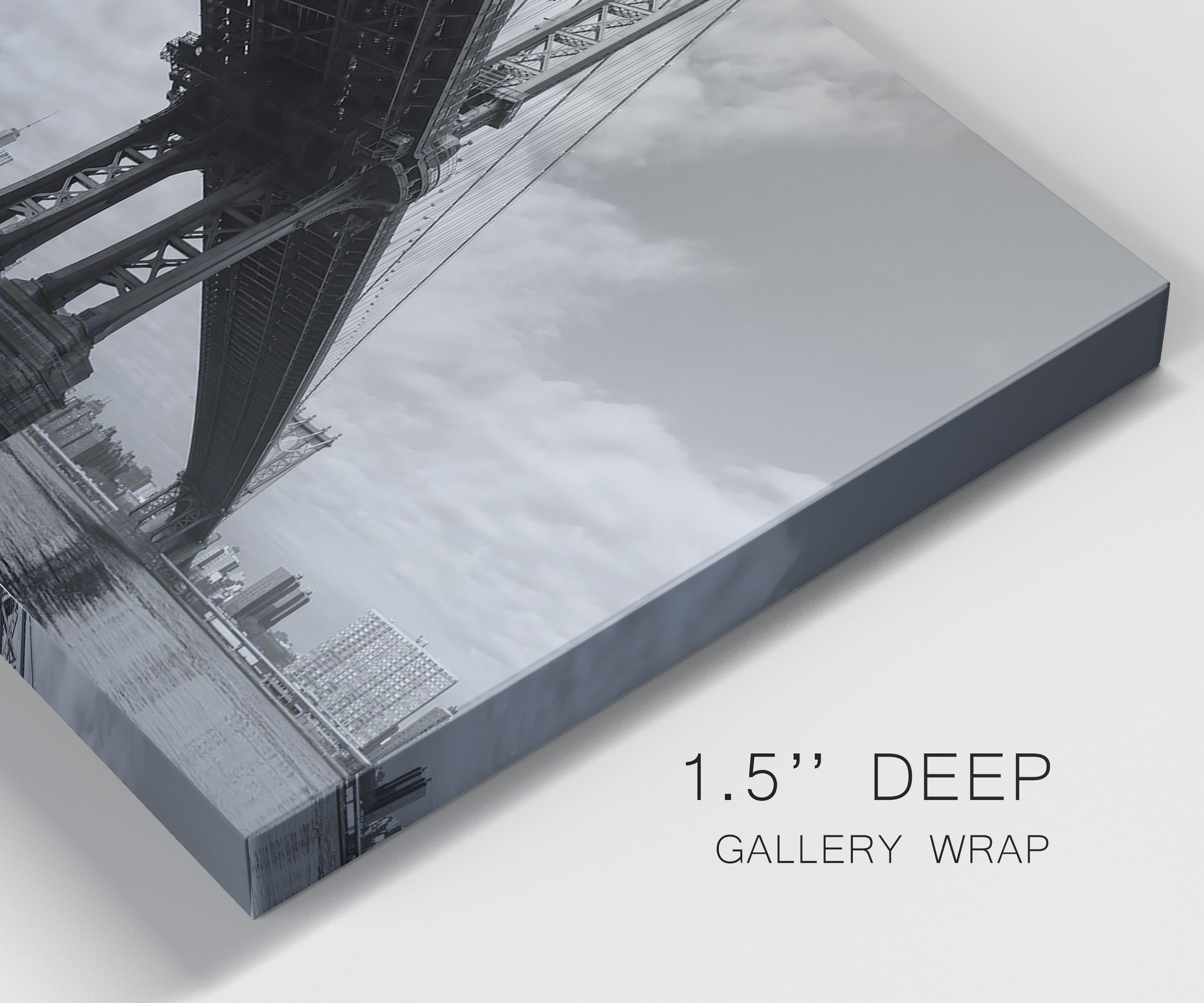 Close-up view of wrapped canvas corner featuring manhattan bridge industrial cityscape.