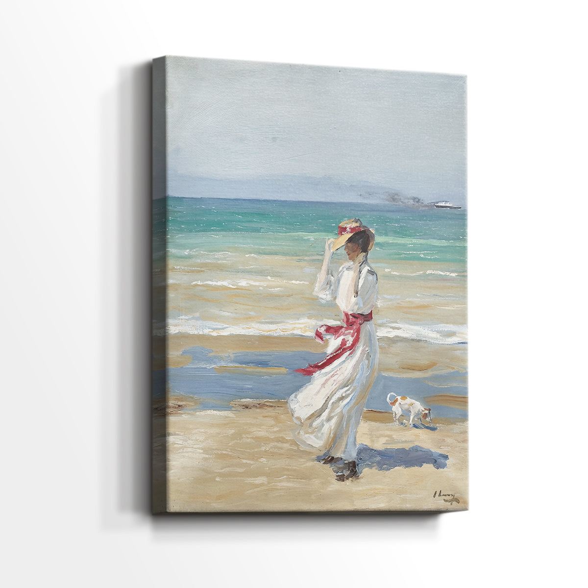 Side view of a canvas art print of a breezy seaside moment with fabric and motion, showing gallery-wrapped depth.
