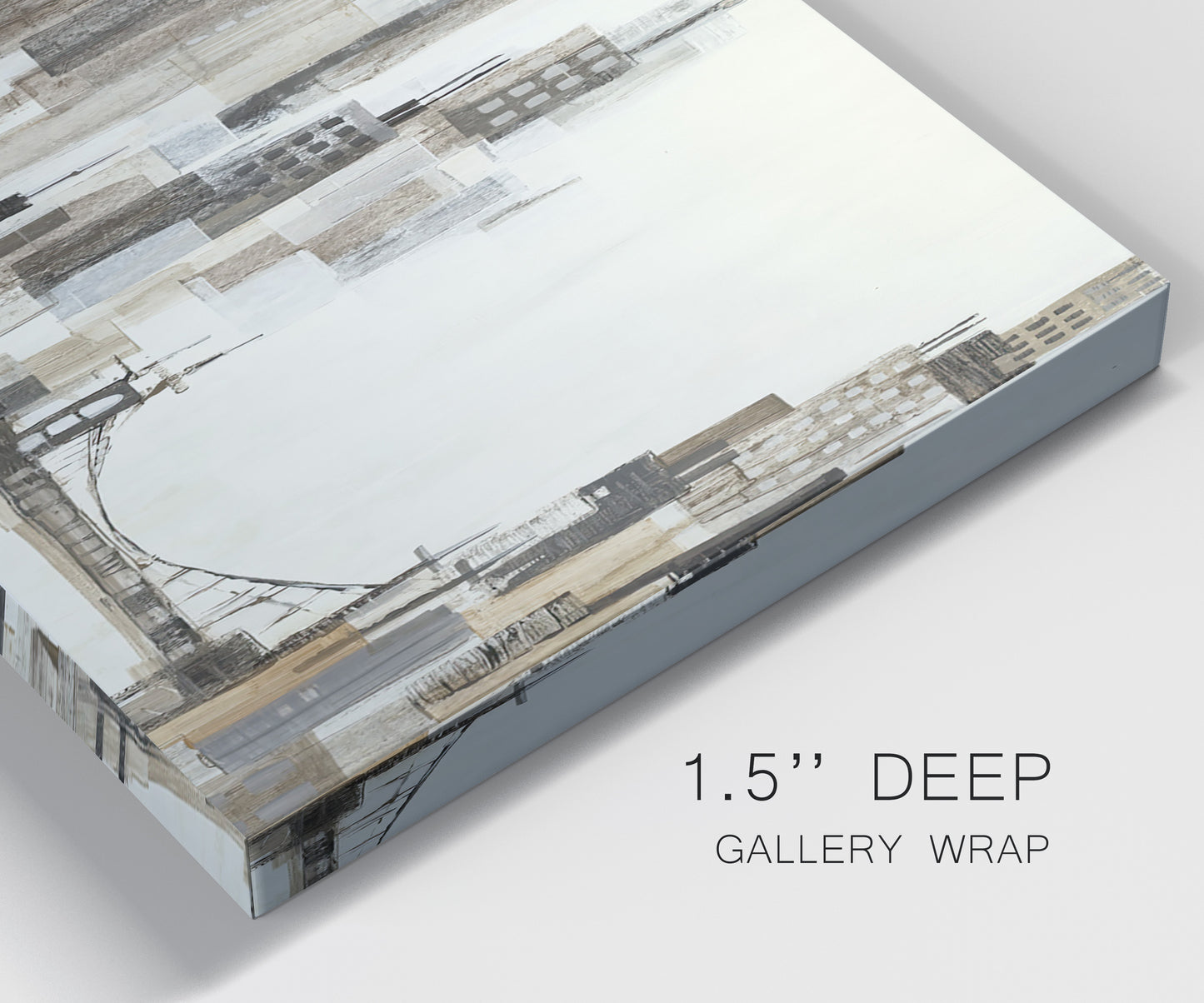 Close-up view of wrapped canvas corner featuring abstract harbor inspired composition.