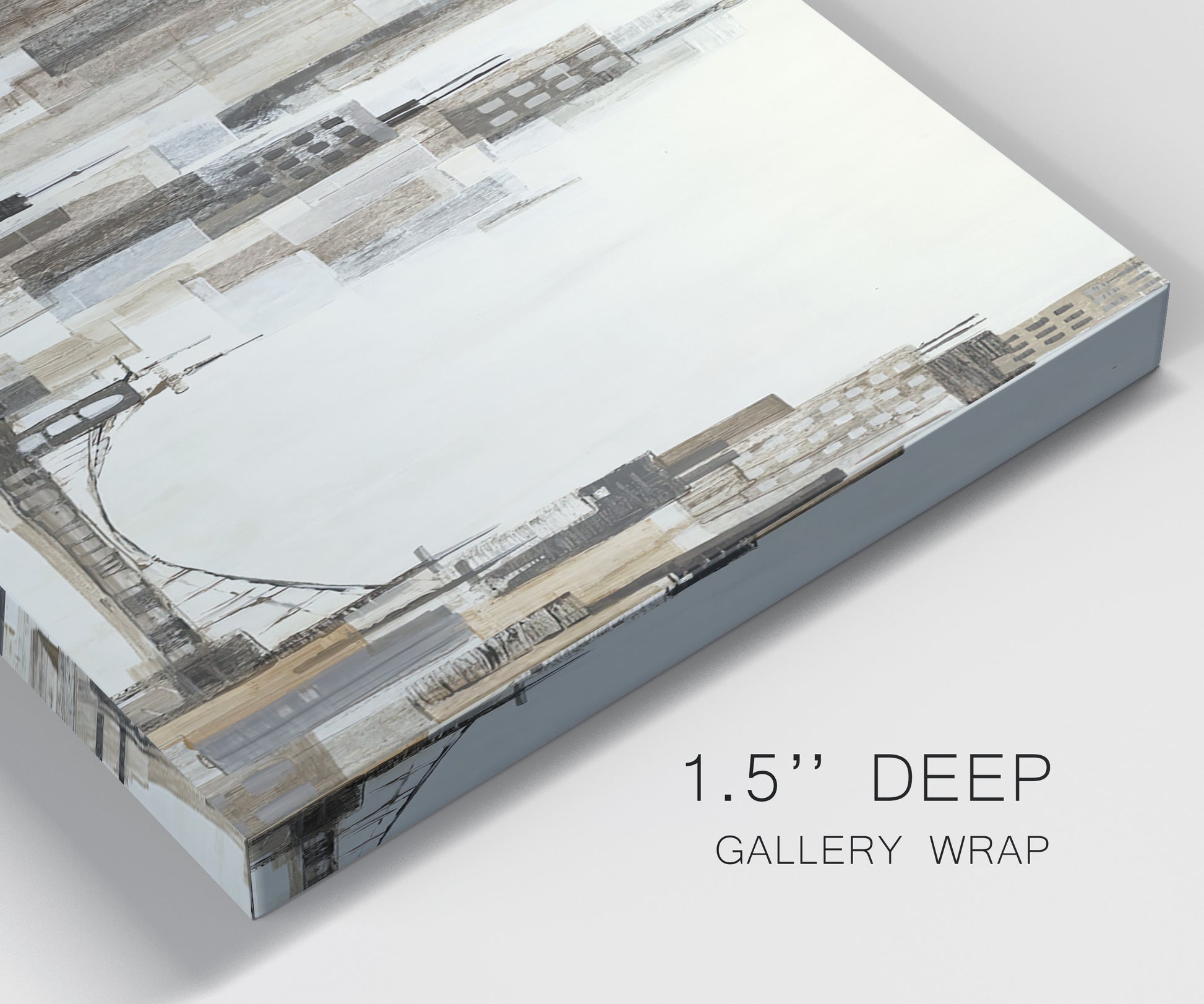 Close-up view of wrapped canvas corner featuring abstract harbor inspired composition.