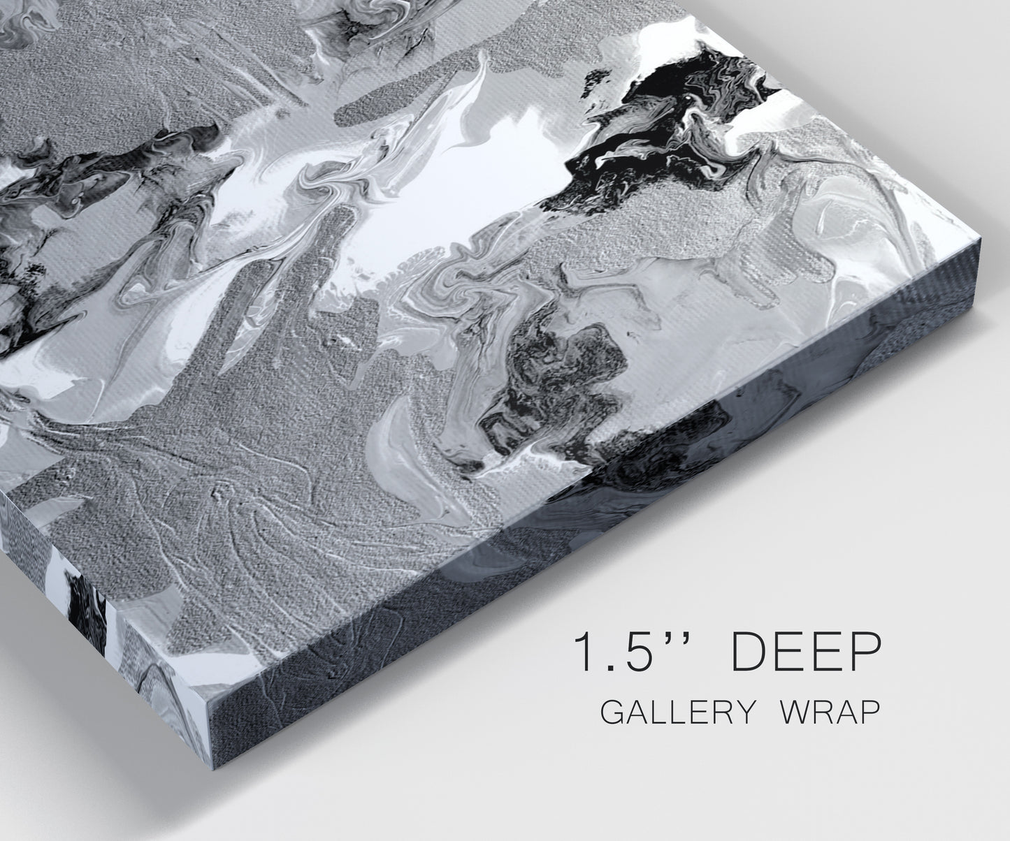 Close-up view of wrapped canvas corner featuring abstract marble texture composition.