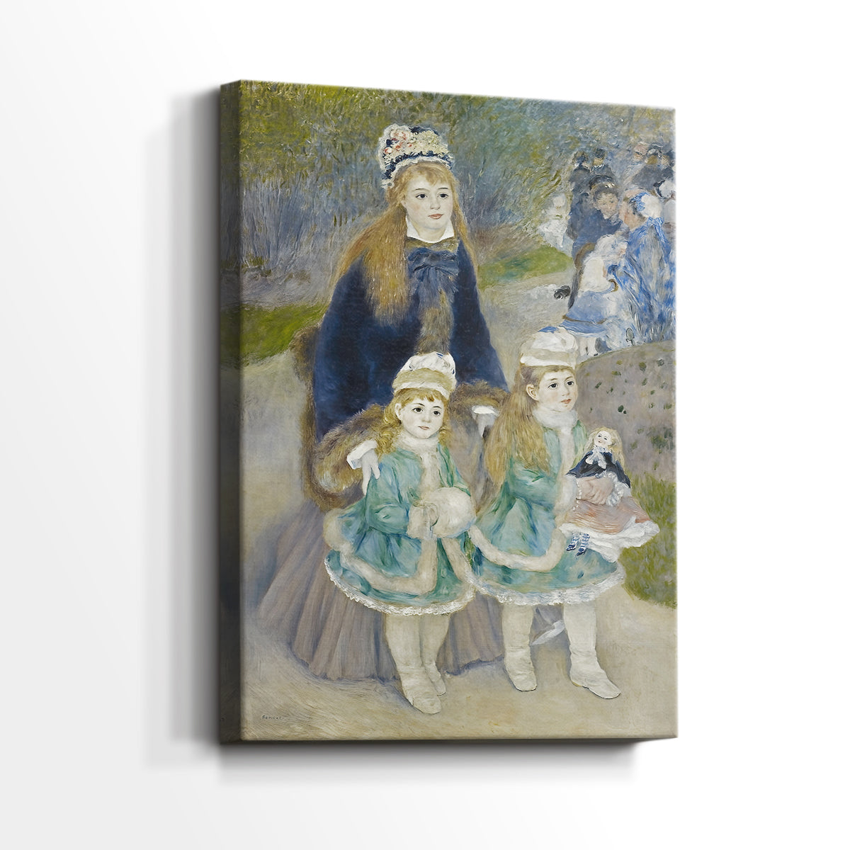 Side view of a canvas art print of a gentle outdoor scene with figures in a park-like setting, showing gallery-wrapped depth.
