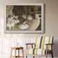 Impressionist ballet rehearsal scene by Edgar Degas in an ornate weathered white frame displayed in a light-toned interior setting.