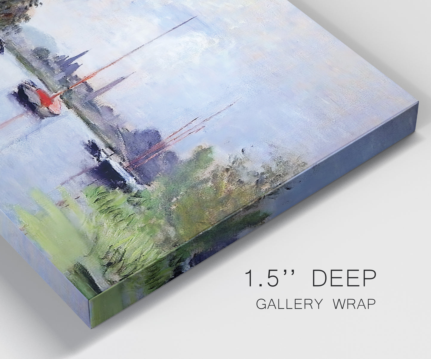 Close-up view of wrapped canvas corner featuring river view with boats and reflections.