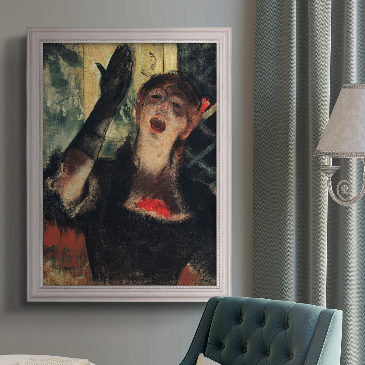 Impressionist portrait of a café singer by Edgar Degas in an {frame_style_descriptor} displayed in a neutral interior setting.