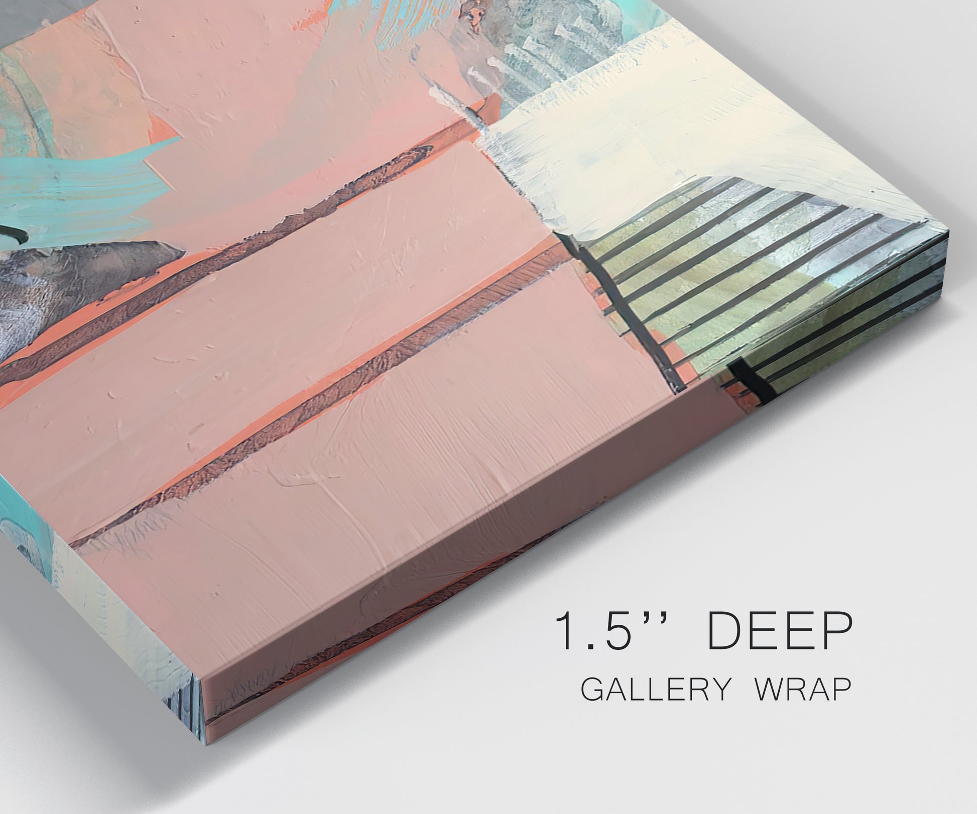 Close-up view of wrapped canvas corner featuring layered mid century abstract pathways.