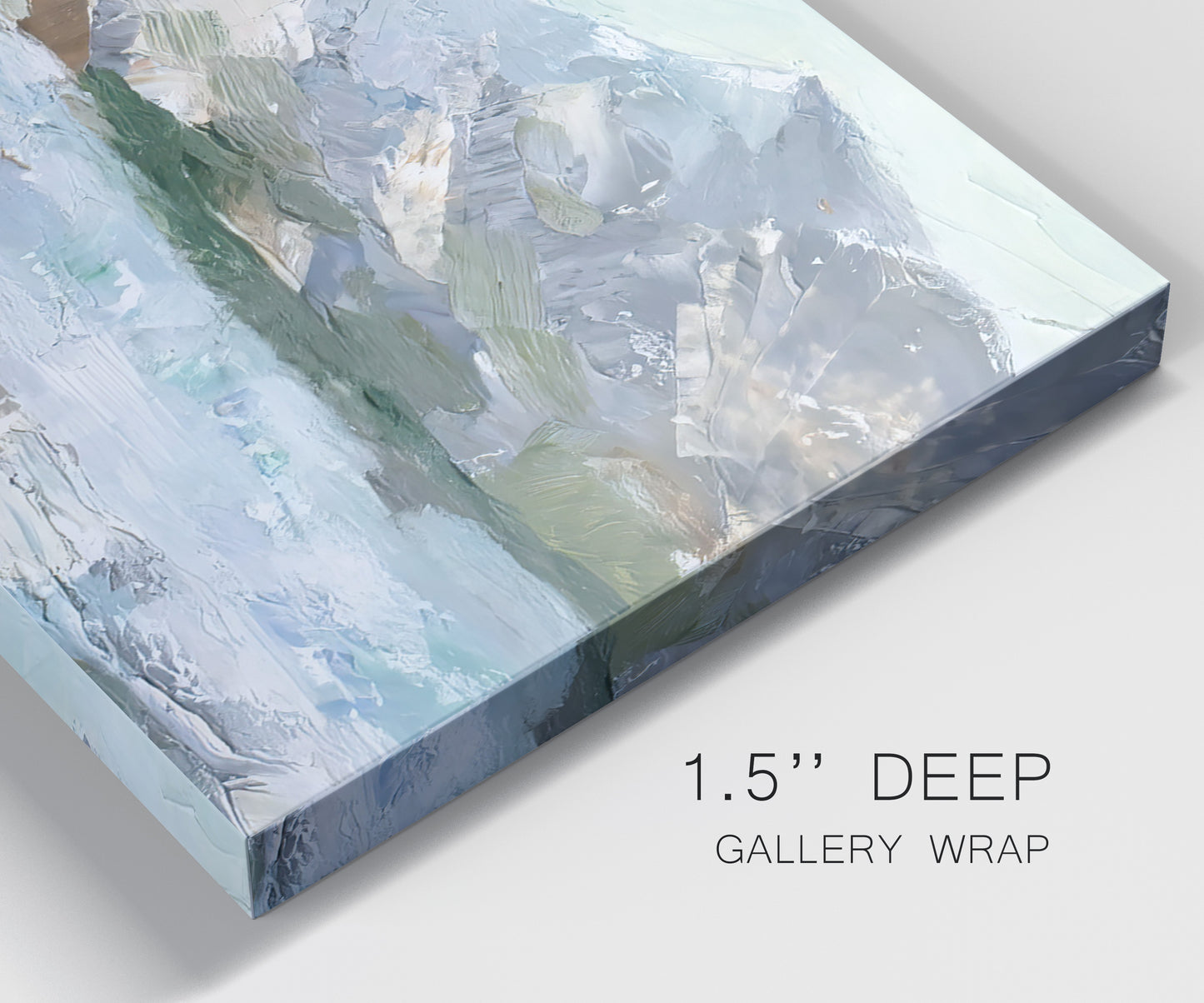 Close-up view of wrapped canvas corner featuring pastel mountain landscape view.