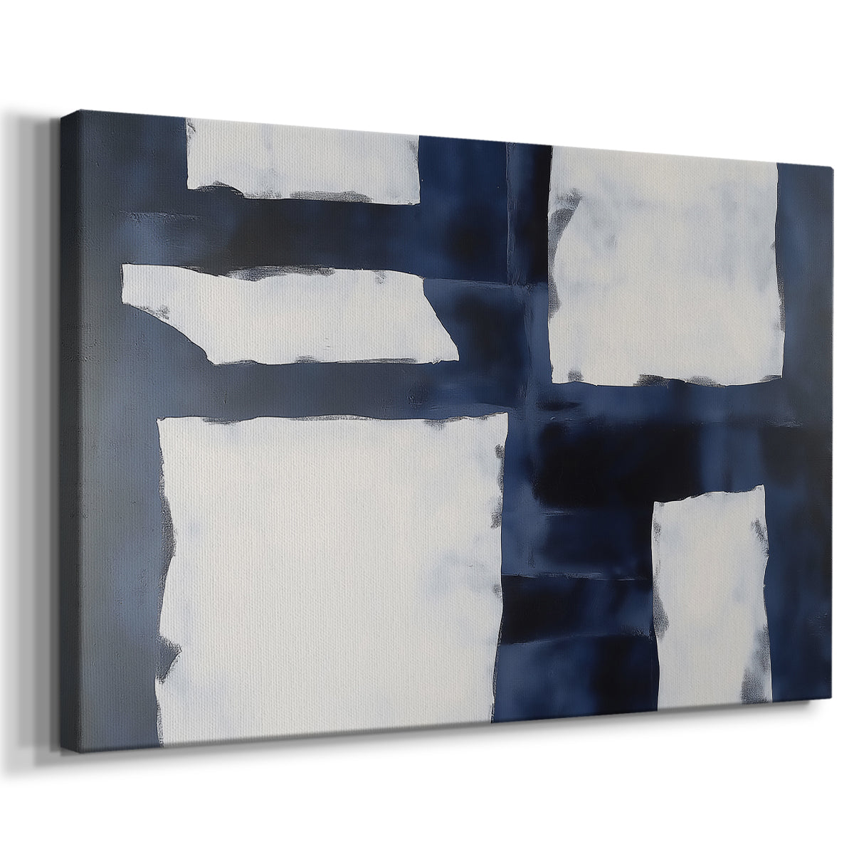 Modern abstract artwork showcasing contrasts with blue and white shapes on canvas