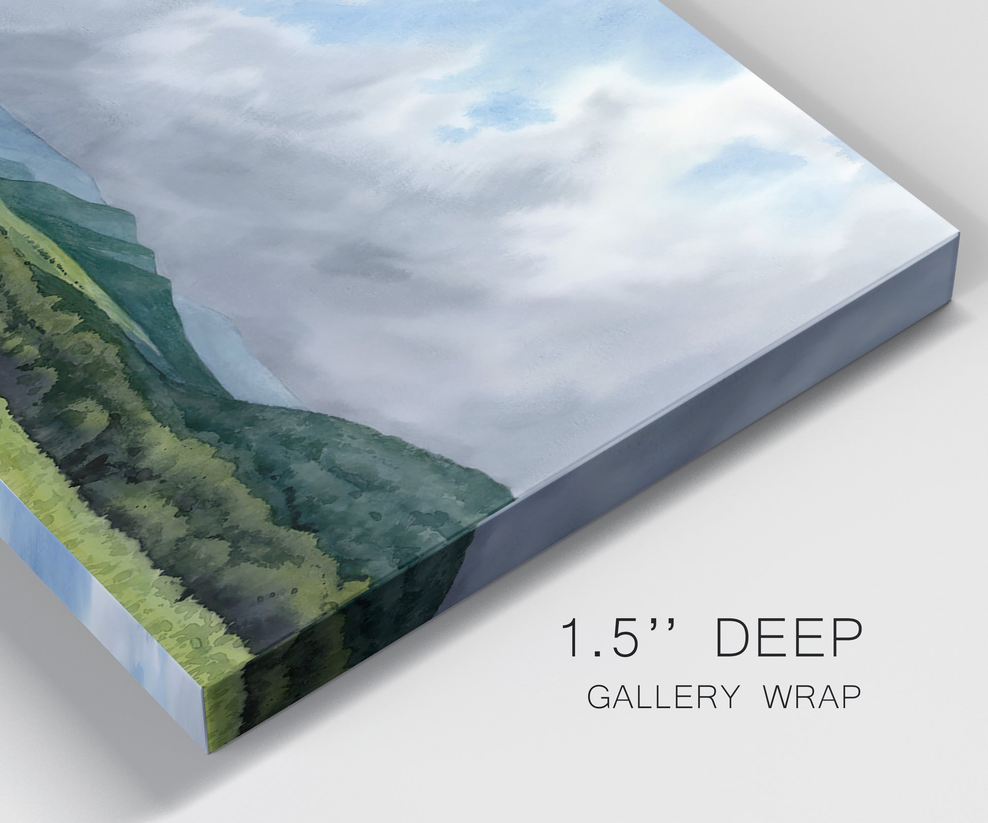 Close-up view of wrapped canvas corner featuring pastoral mountain landscape in blue.