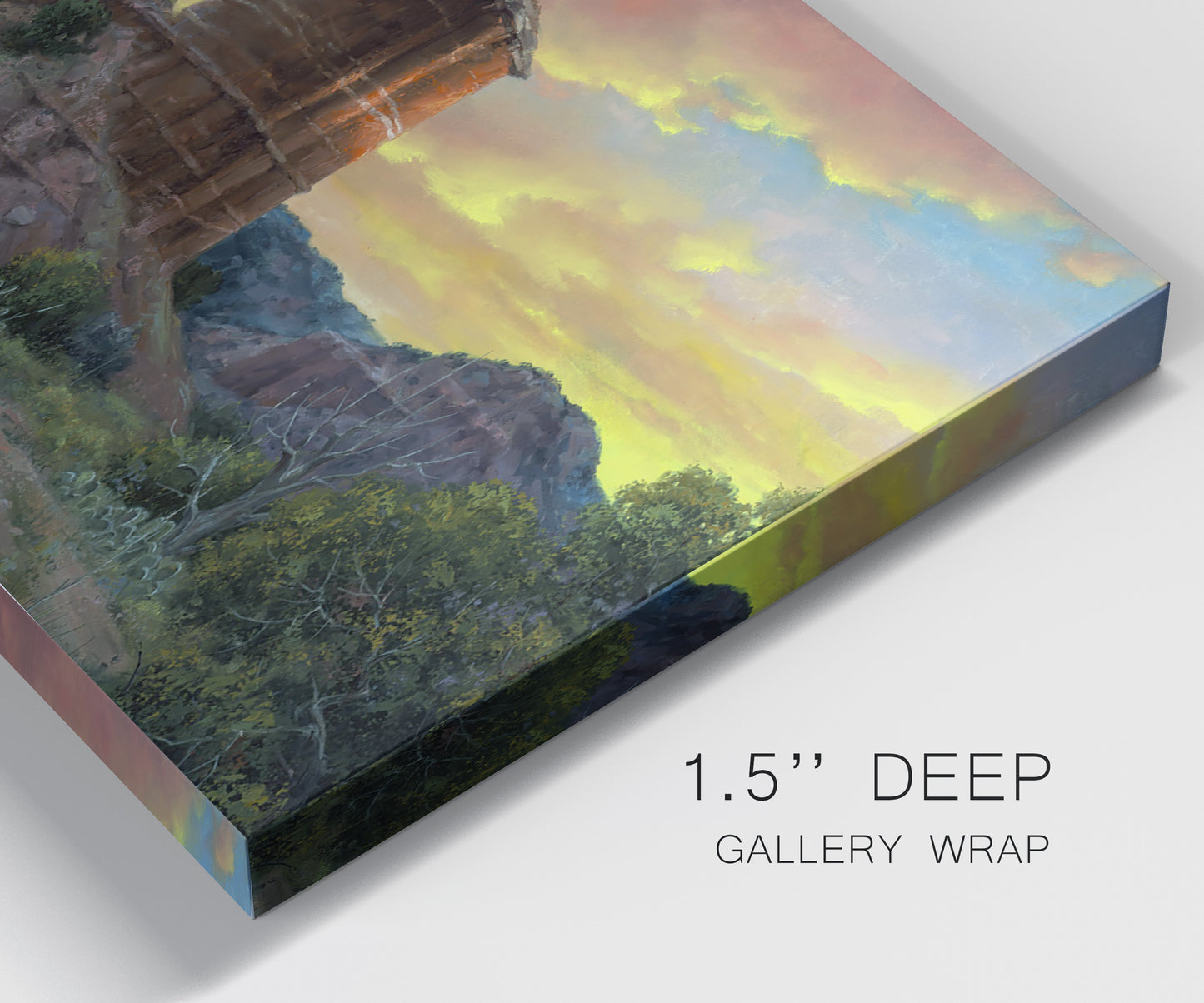 Close-up view of wrapped canvas corner featuring dramatic canyon landscape at dusk.