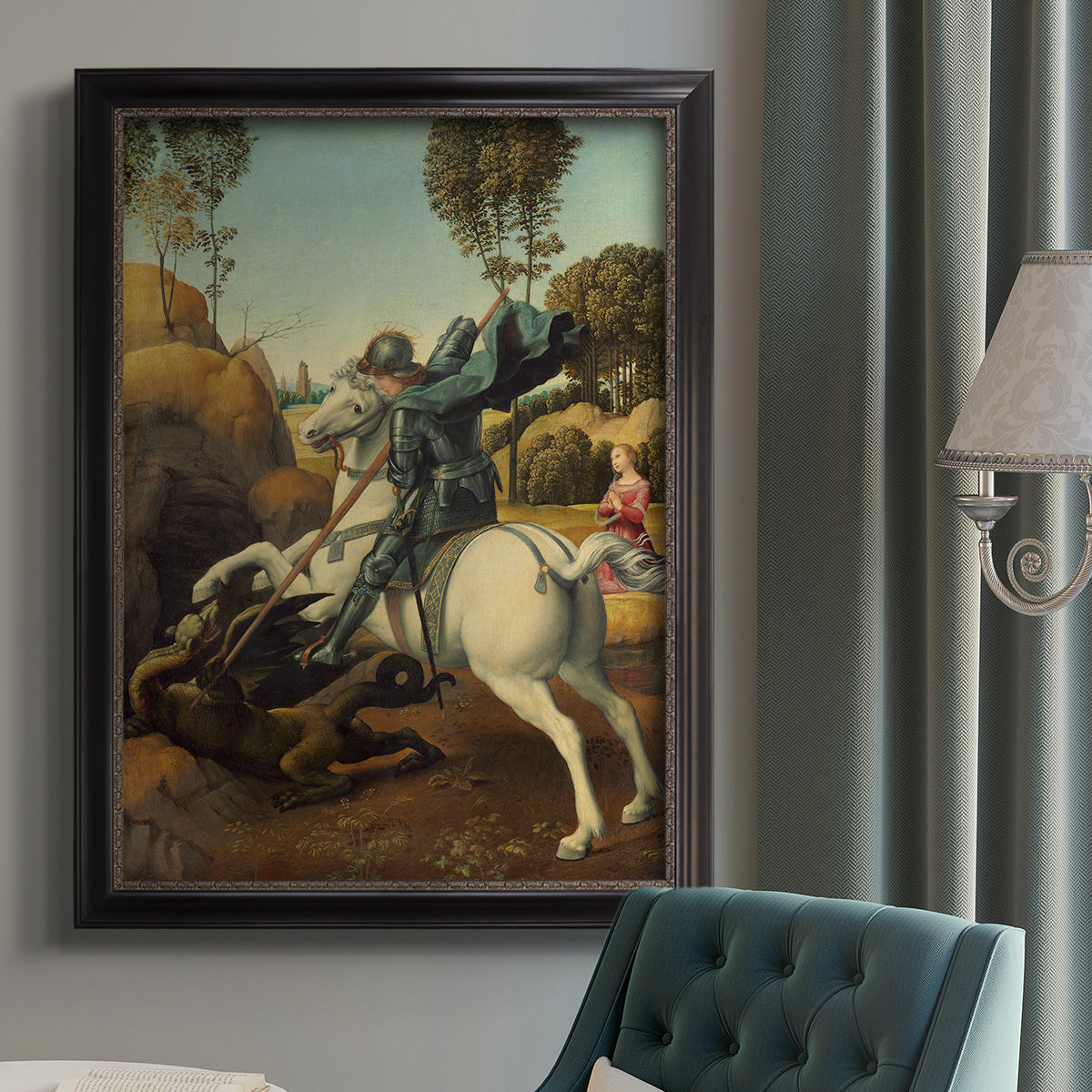 Religious painting of Saint George slaying the dragon by Raphael in an {frame_style_descriptor} displayed in a neutral interior setting.