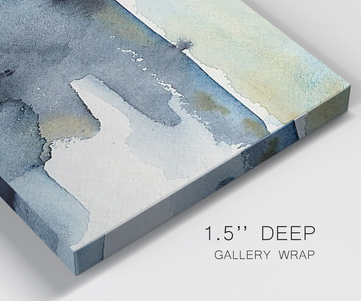 Close-up view of wrapped canvas corner featuring abstract watercolor with upward motion.