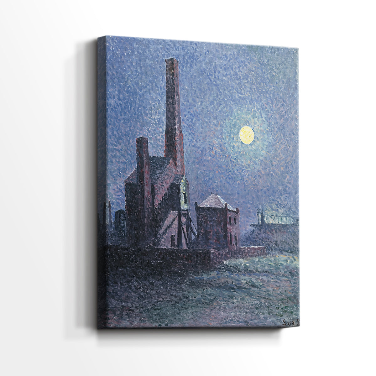 Side view of a canvas art print of a night scene with buildings and subtle color contrast, showing gallery-wrapped depth.