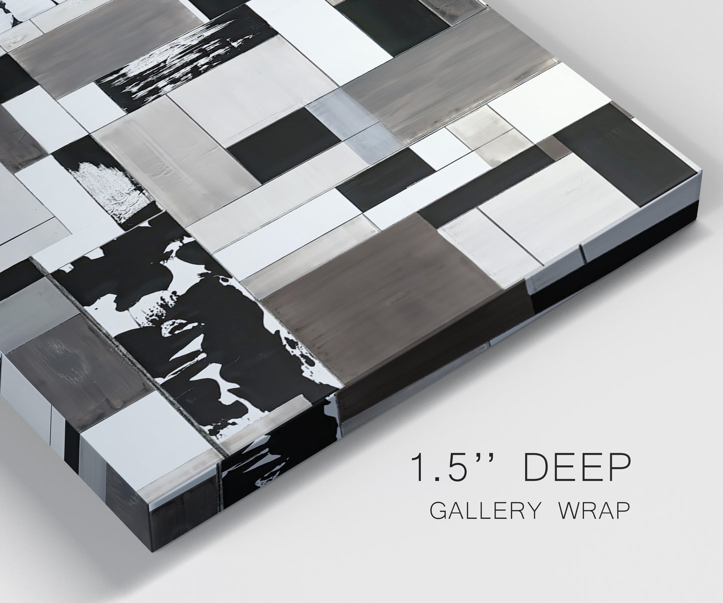 Close-up view of wrapped canvas corner featuring rectangular mid century geometric abstraction.