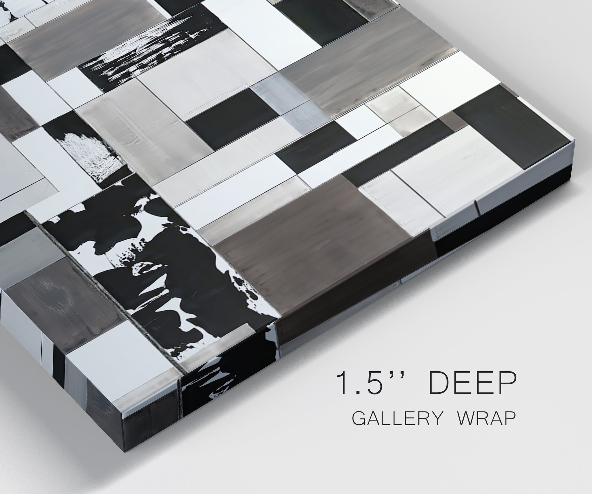 Close-up view of wrapped canvas corner featuring rectangular mid century geometric abstraction.