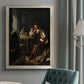 Classical portrait of a soldier smoking a pipe by Frans van Mieris the Elder in an {frame_style_descriptor} displayed in a neutral interior setting.