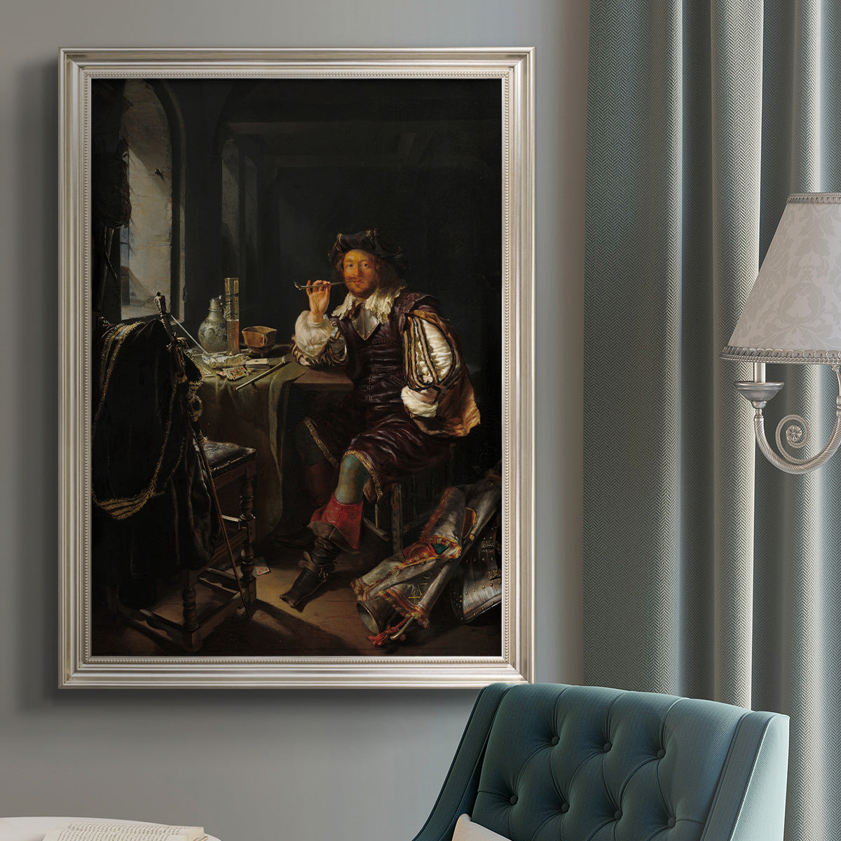 Classical portrait of a soldier smoking a pipe by Frans van Mieris the Elder in an {frame_style_descriptor} displayed in a neutral interior setting.