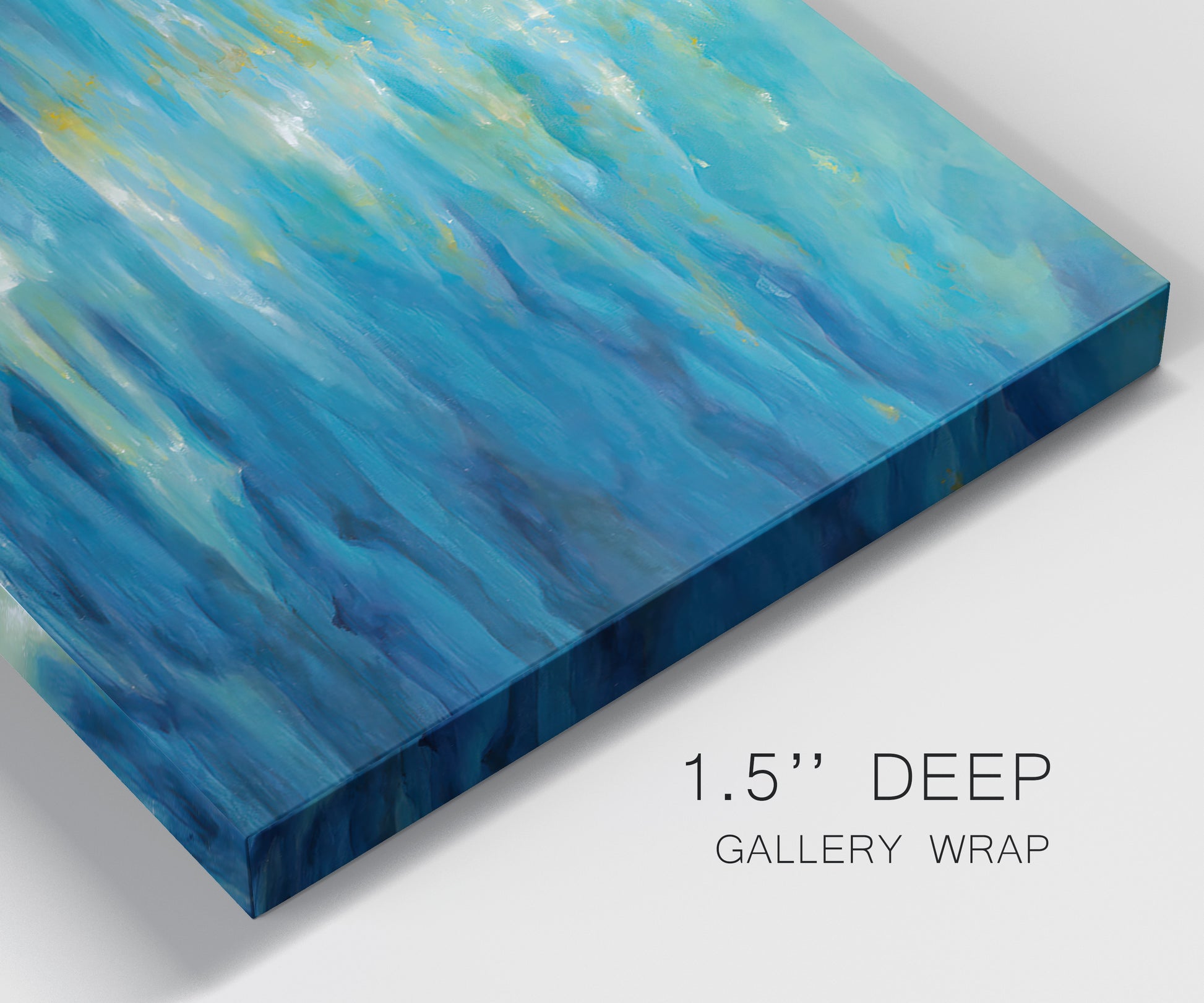 Close-up view of wrapped canvas corner featuring deep blue ocean water abstraction.