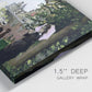 Close-up view of wrapped canvas corner featuring garden house beside river.