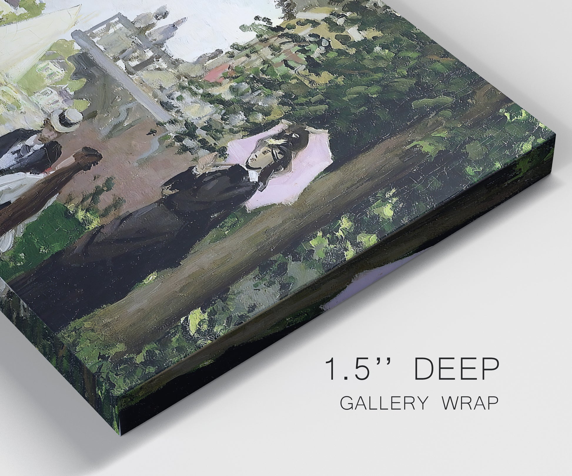 Close-up view of wrapped canvas corner featuring garden house beside river.