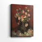 Side view of a canvas art print of a stylized composition with rich tones and visible brushwork, showing gallery-wrapped depth.