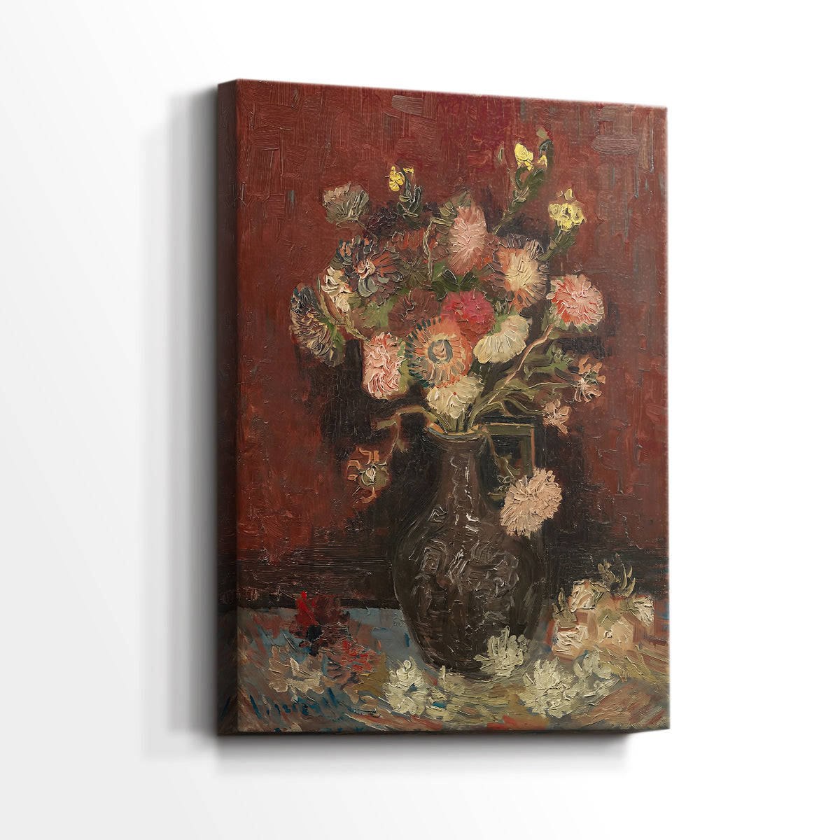 Side view of a canvas art print of a stylized composition with rich tones and visible brushwork, showing gallery-wrapped depth.