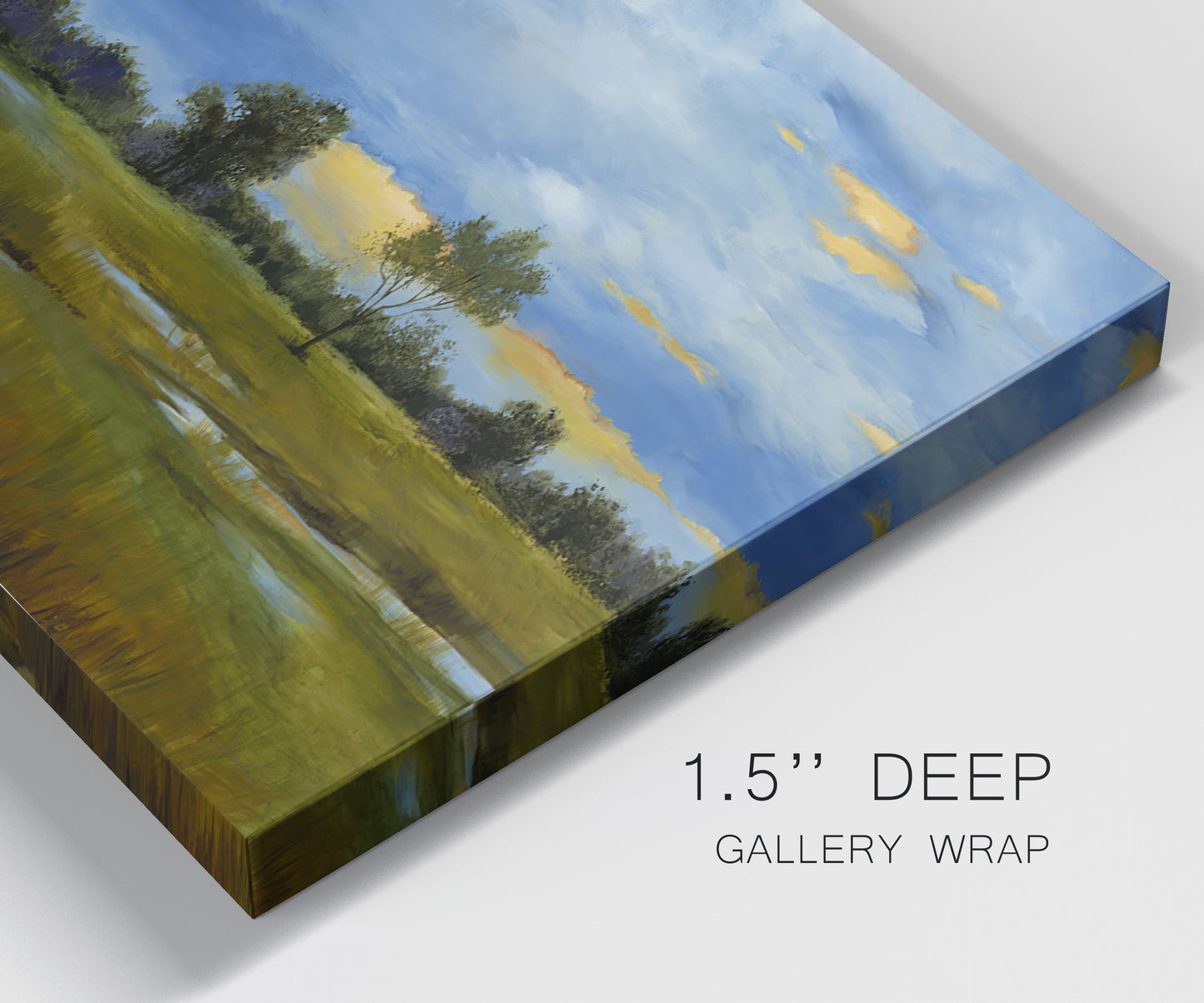 Close-up view of wrapped canvas corner featuring riverside walking path through greenery.