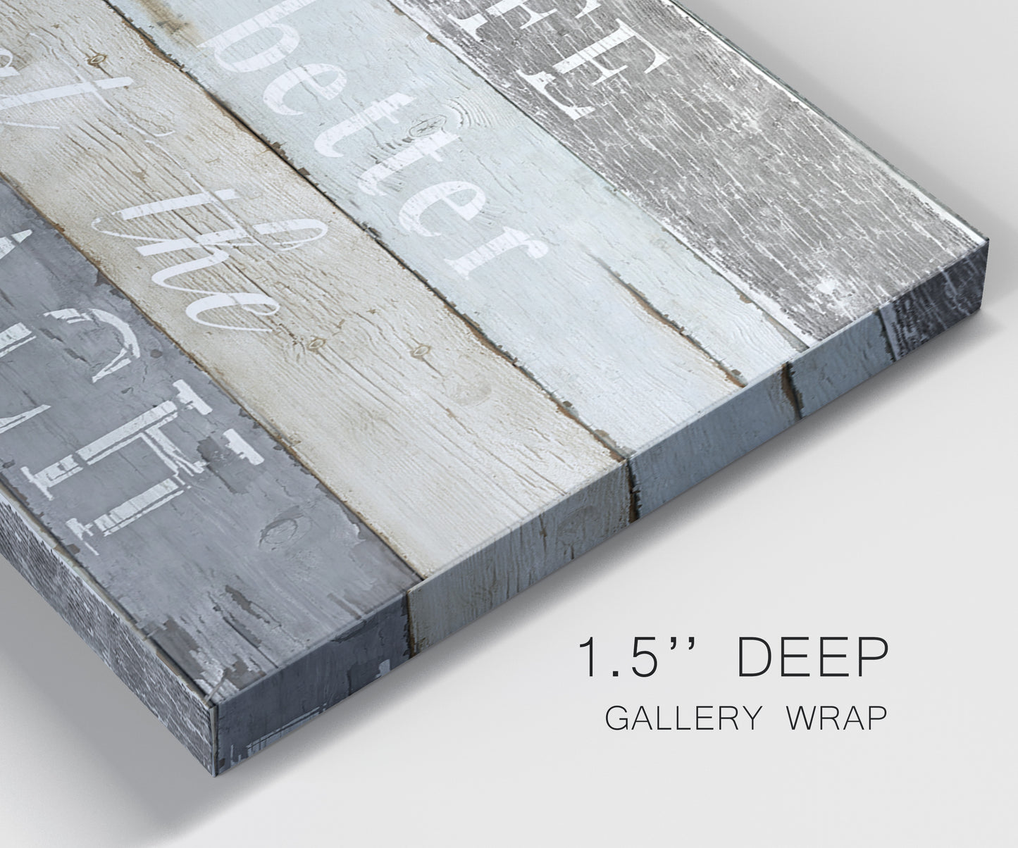 Close-up view of wrapped canvas corner featuring beach themed typography design.