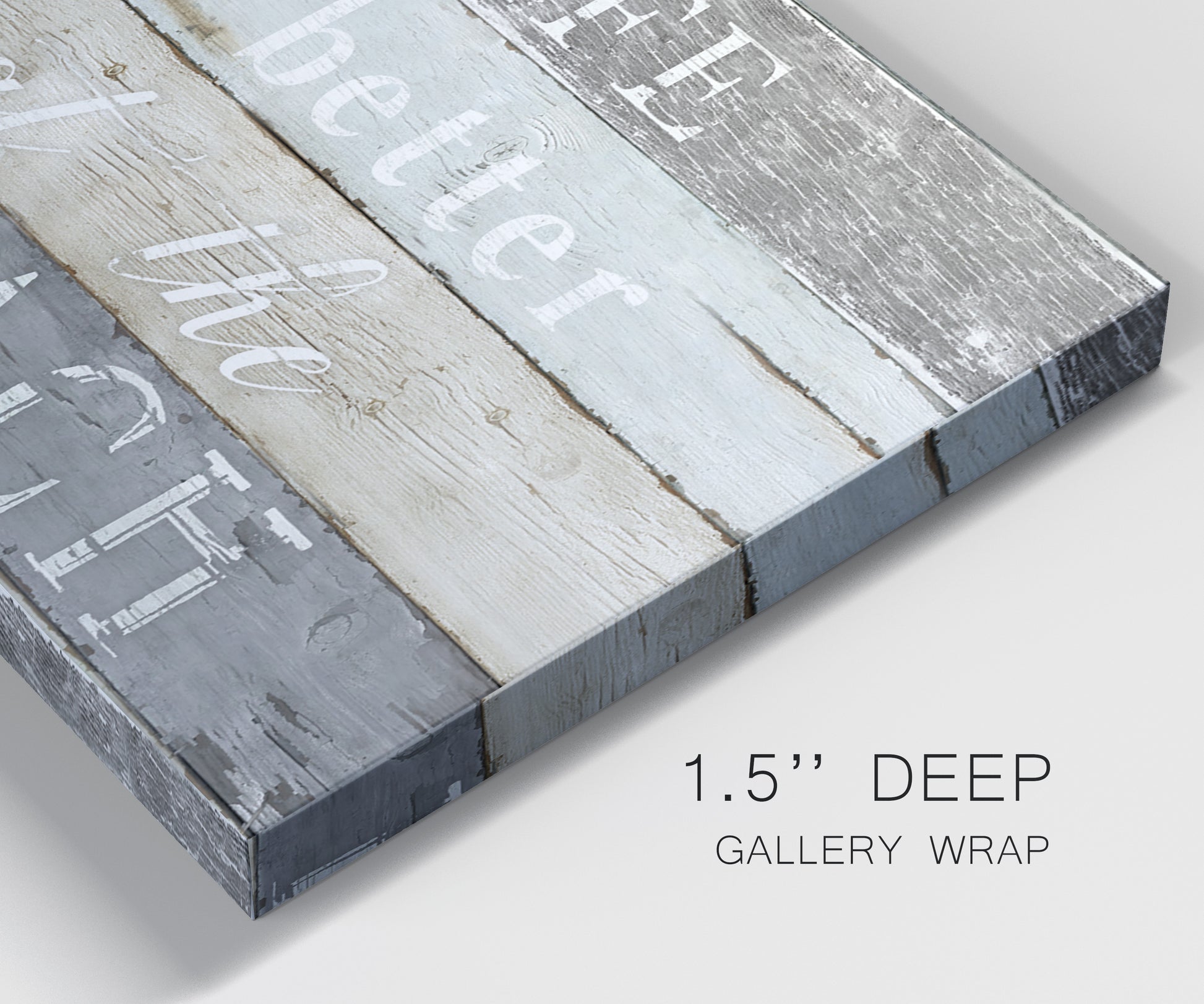 Close-up view of wrapped canvas corner featuring beach themed typography design.