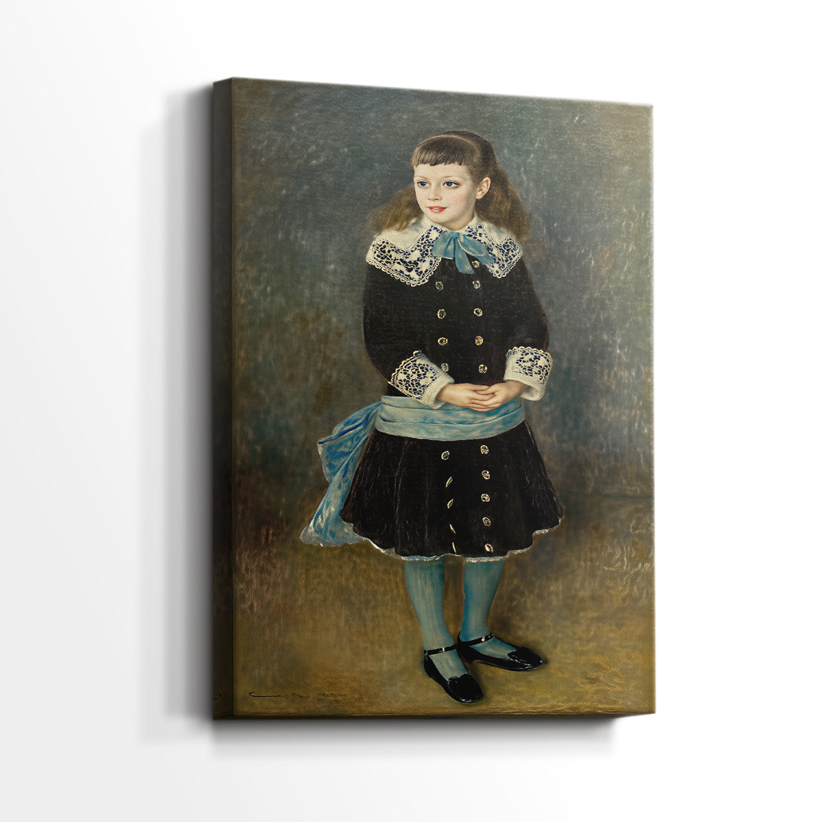 Side view of a canvas art print of a refined figure study with smooth brushwork and light tones, showing gallery-wrapped depth.