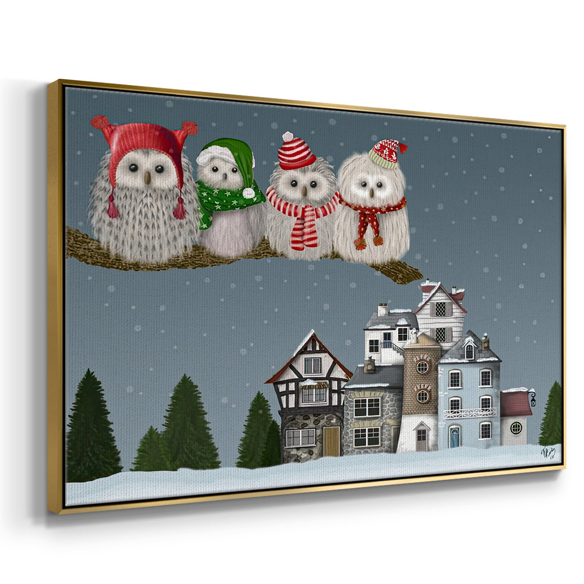 Christmas Christmas Owl Village - Framed Gallery Wrapped Canvas in Floating Frame