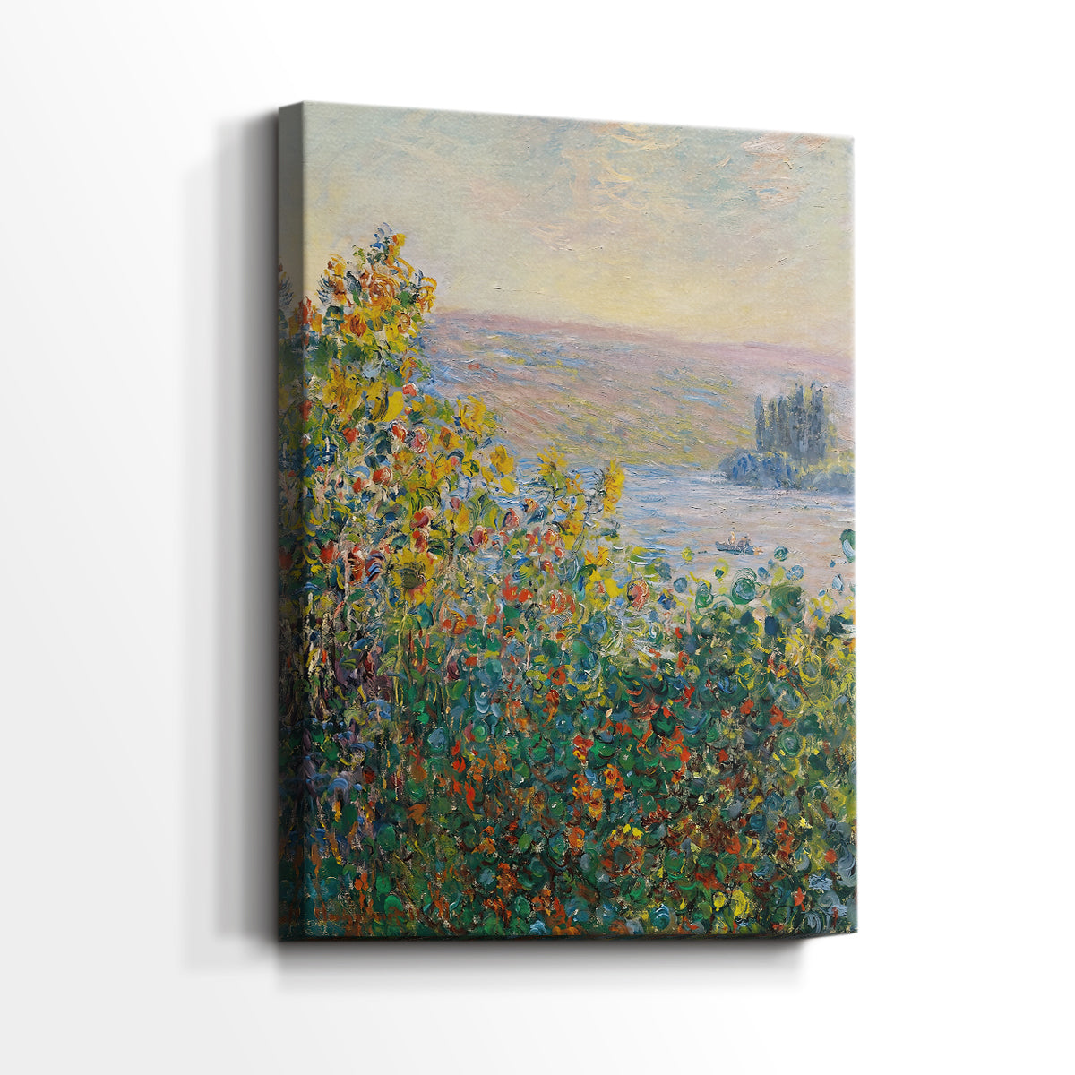 Side view of a canvas art print of a garden view with layered blooms and natural textures, showing gallery-wrapped depth.