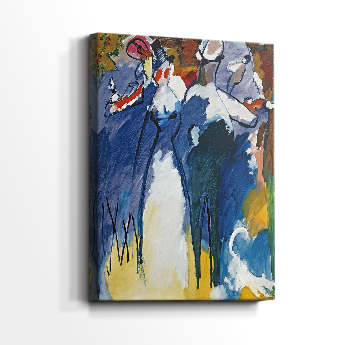 Side view of a canvas art print of a modern composition with fluid movement and contrast, showing gallery-wrapped depth.