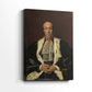 Side view of a canvas art print of a classic portrait with detailed clothing and subtle expression, showing gallery-wrapped depth.
