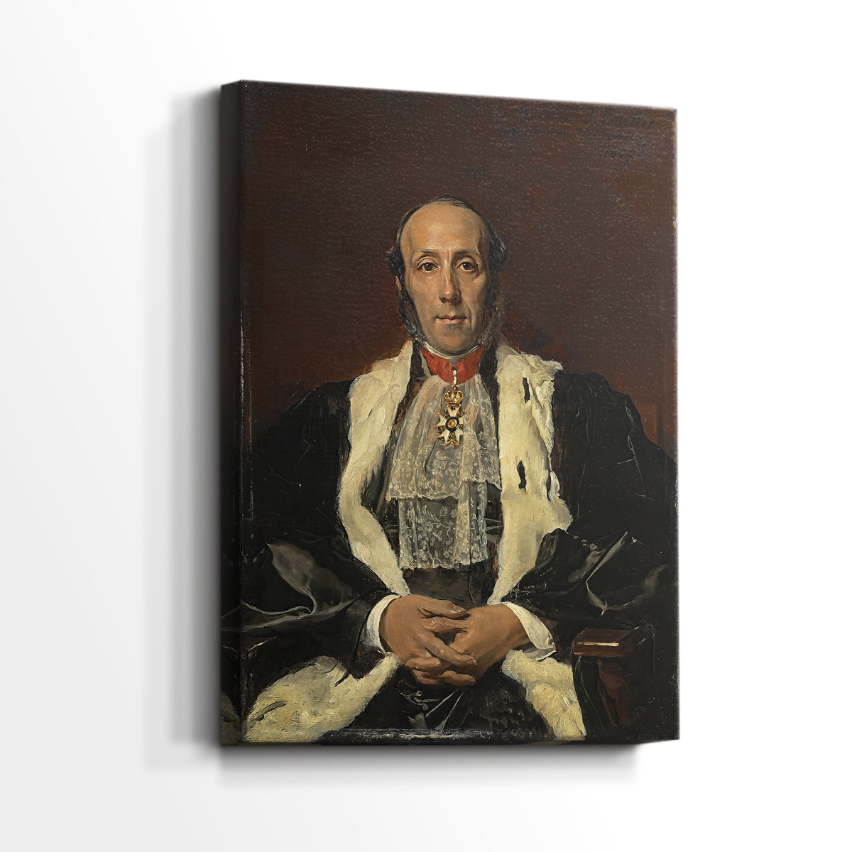 Side view of a canvas art print of a classic portrait with detailed clothing and subtle expression, showing gallery-wrapped depth.