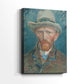 Side view of a canvas art print of a refined portrait with soft contrast and layered texture, showing gallery-wrapped depth.
