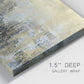Close-up view of wrapped canvas corner featuring gold toned abstract horizon.
