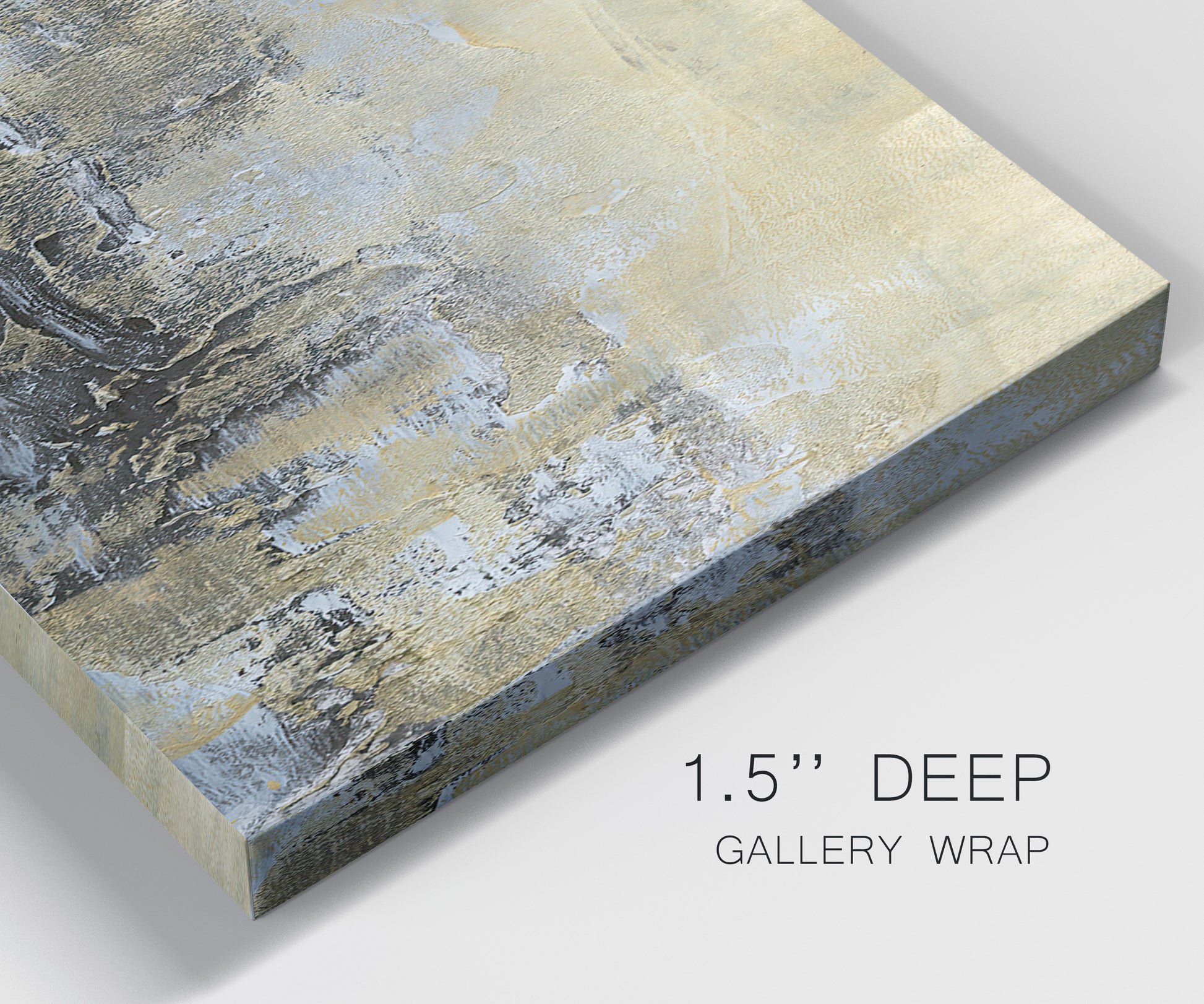 Close-up view of wrapped canvas corner featuring gold toned abstract horizon.