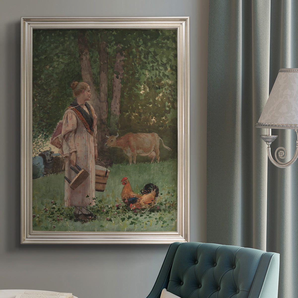 Realist genre scene of a milkmaid by Winslow Homer in an {frame_style_descriptor} displayed in a neutral interior setting.
