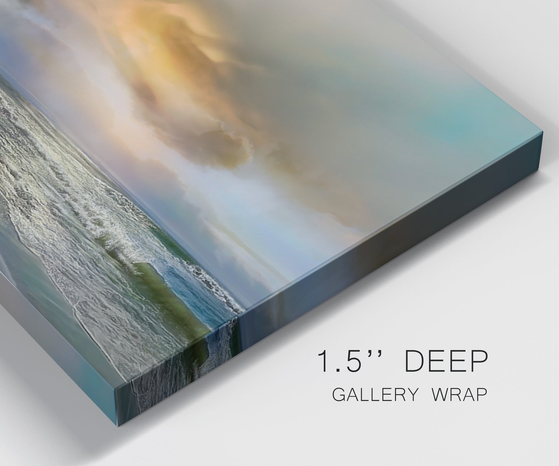 Close-up view of wrapped canvas corner featuring tranquil beach at sunset.