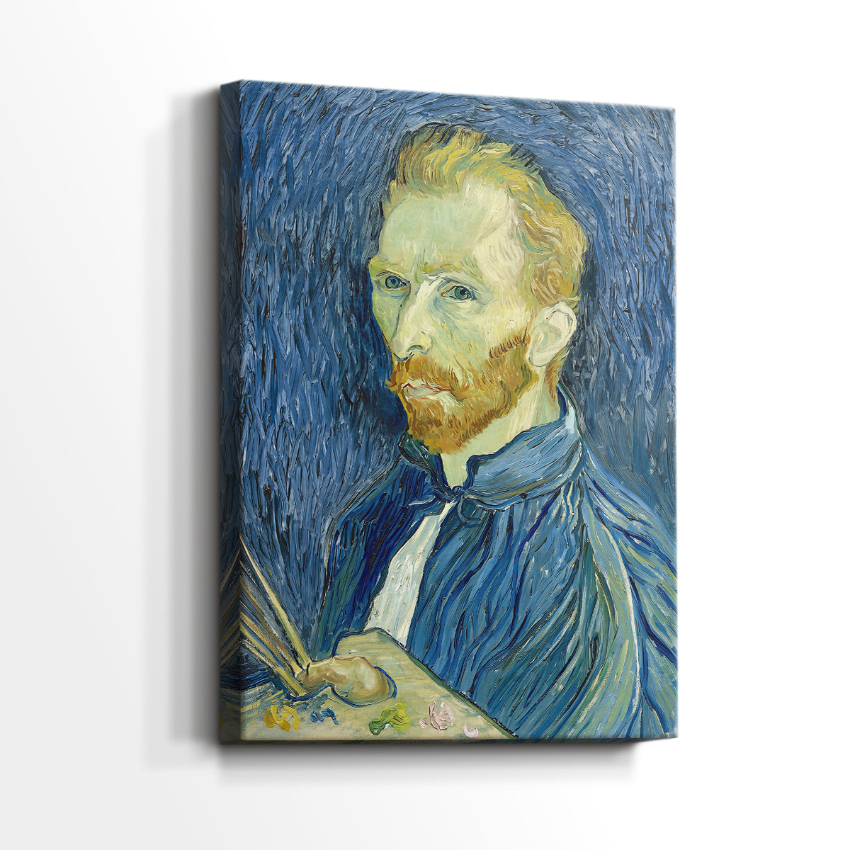 Side view of a canvas art print of a stylized face with strong contrast and painterly detail, showing gallery-wrapped depth.