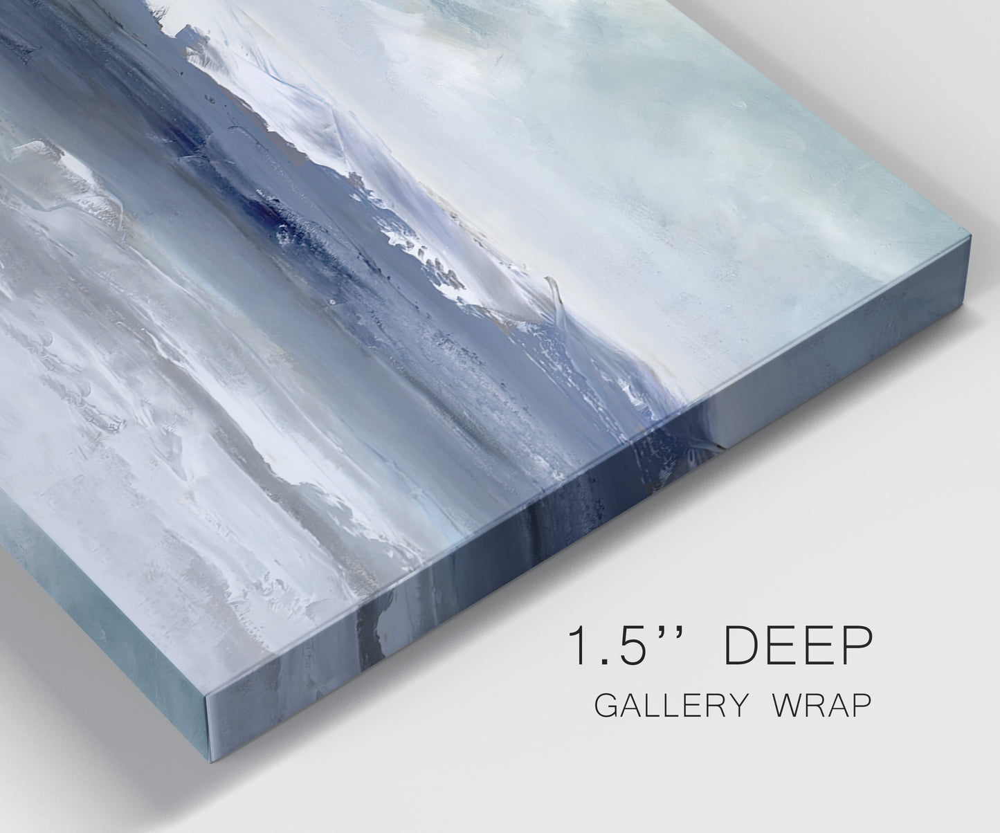 Close-up view of wrapped canvas corner featuring abstract coastal tones and movement.