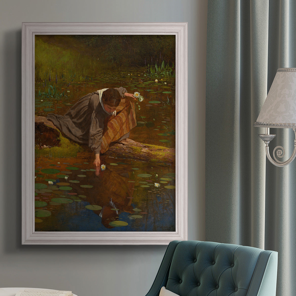 Realist genre painting of figures gathering lilies by Eastman Johnson in an {frame_style_descriptor} displayed in a neutral interior setting.