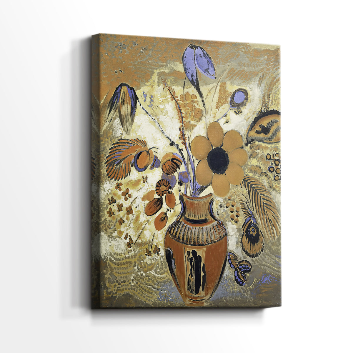 Side view of a canvas art print of a stylized composition with blooms and minimal detail, showing gallery-wrapped depth.