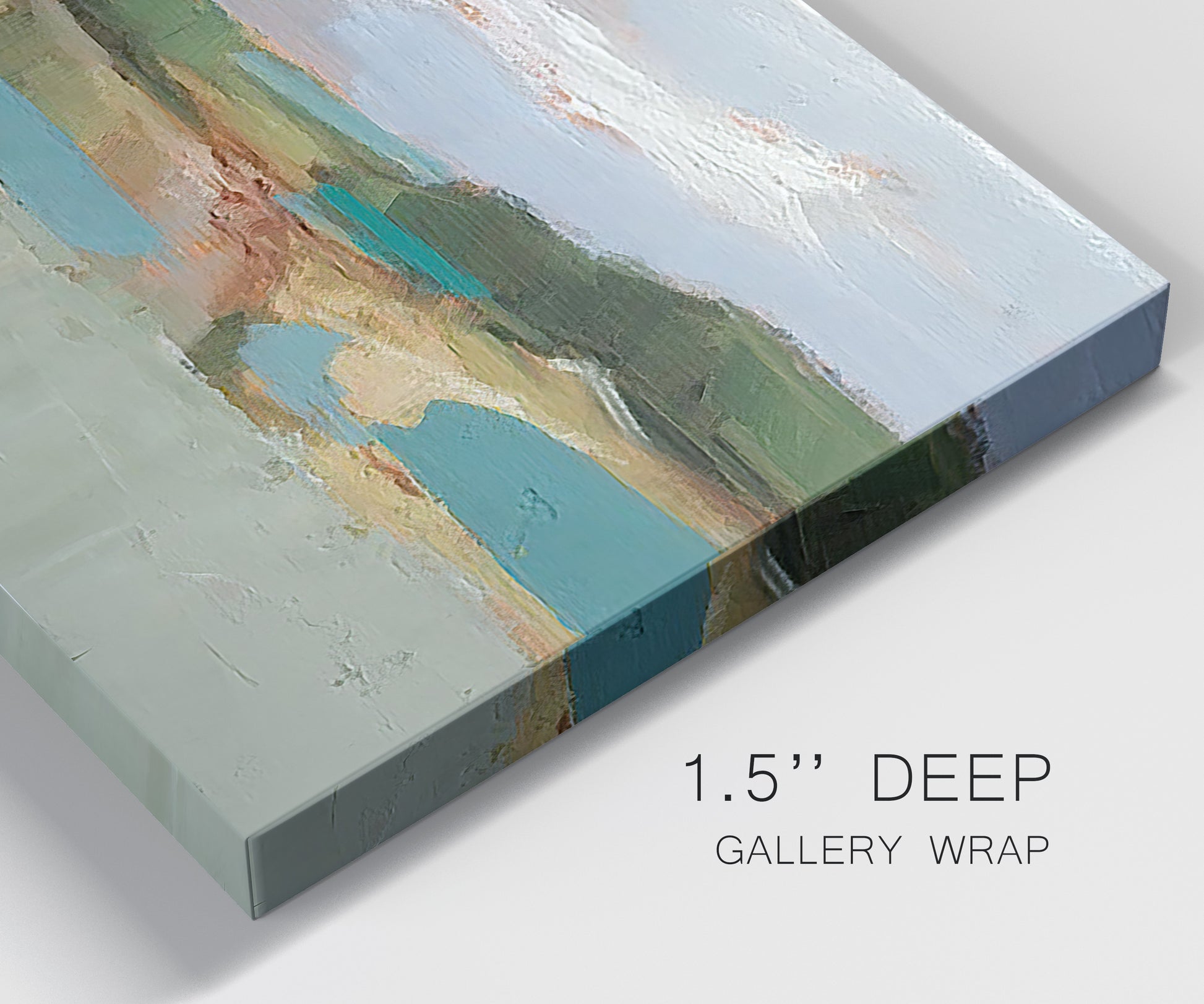 Close-up view of wrapped canvas corner featuring wide open landscape under midday light.