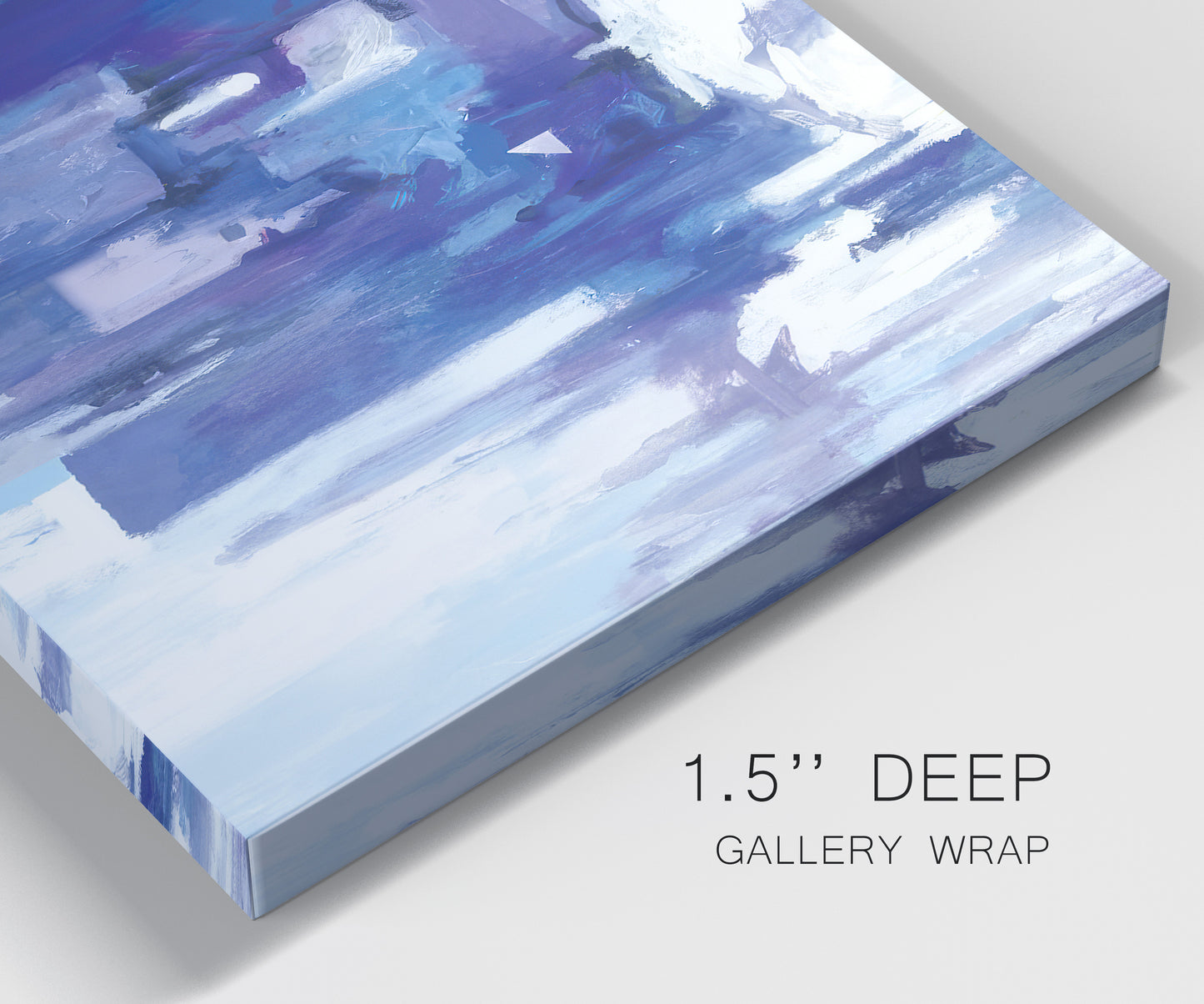 Close-up view of wrapped canvas corner featuring abstract urban street scene.