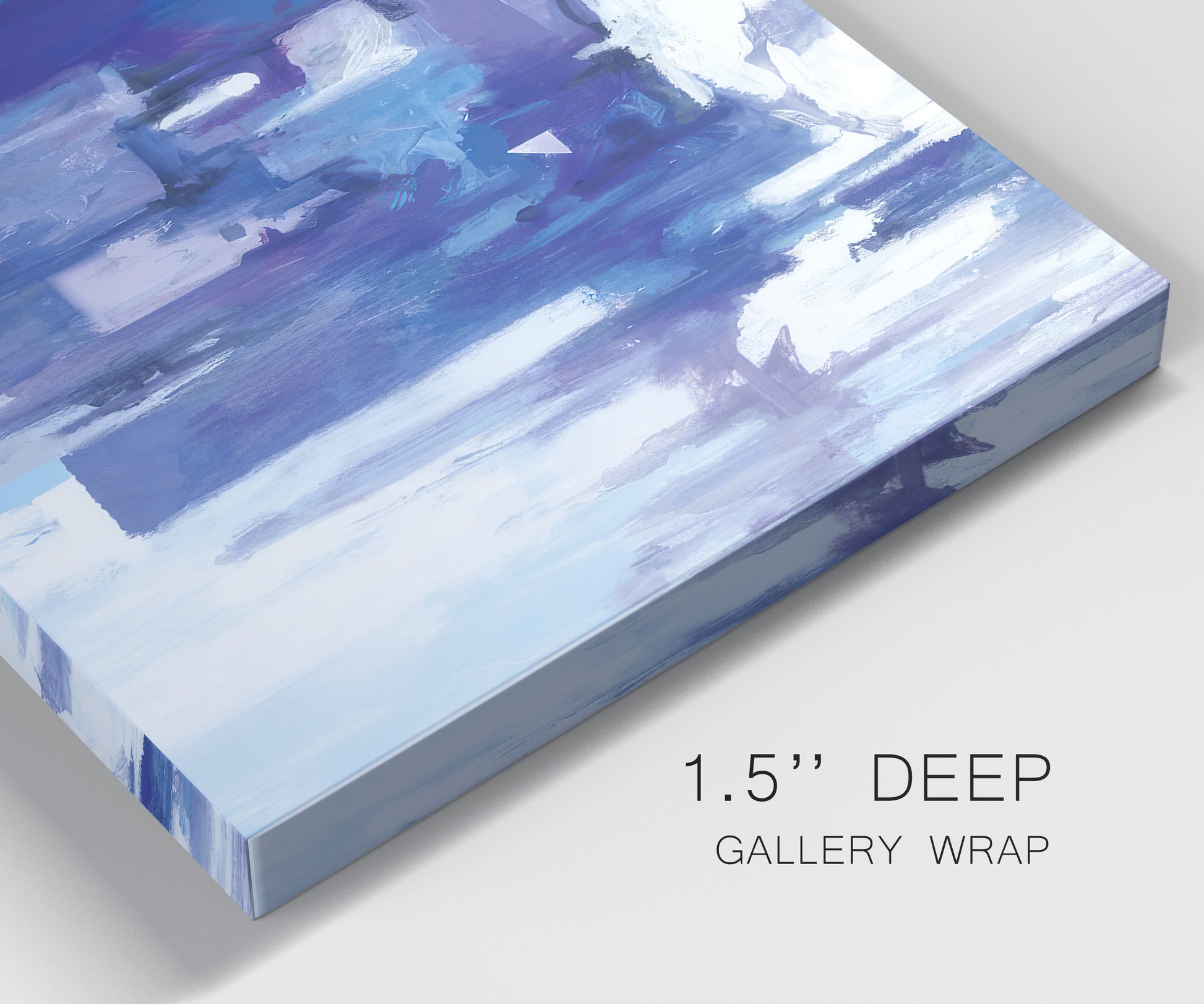 Close-up view of wrapped canvas corner featuring abstract urban street scene.